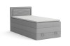 Graues Einzel-Boxspringbett mit gestepptem Kopfteil auf weißem Hintergrund.