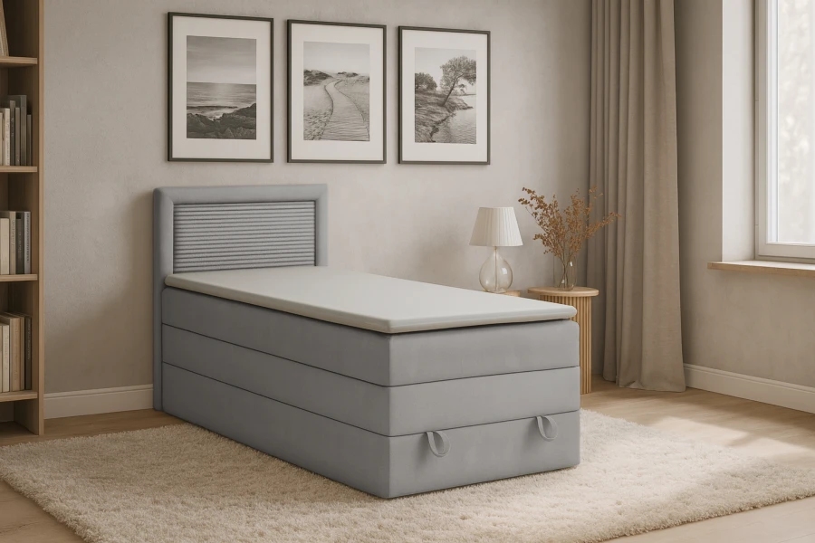 Graues Nora Boxspringbett im modern gestalteten Jugendzimmer mit wohnlicher Atmosphäre.