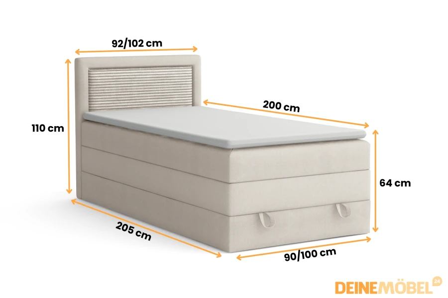 Maßgrafik für ein beiges Polsterbett mit Längen- und Höhenangaben.