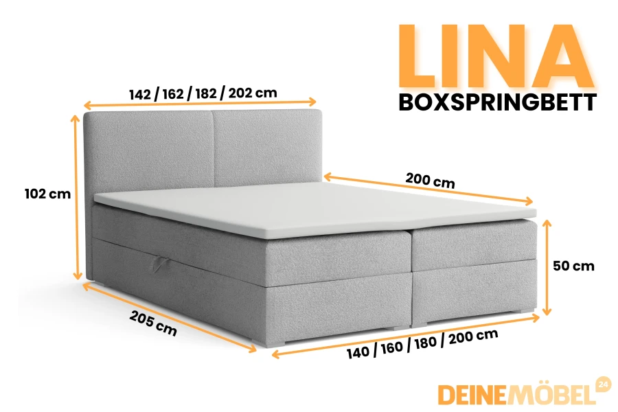 Maßangaben und Größenübersicht für das Boxspringbett Lina.