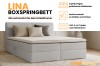 Besondere Merkmale des Boxspringbetts Lina: Bettkästen, Topper und Farbauswahl.