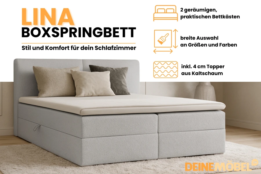 Besondere Merkmale des Boxspringbetts Lina: Bettkästen, Topper und Farbauswahl.