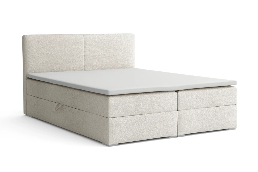 Modernes Boxspringbett in Creme mit Bouclé-Bezug und Bettkasten