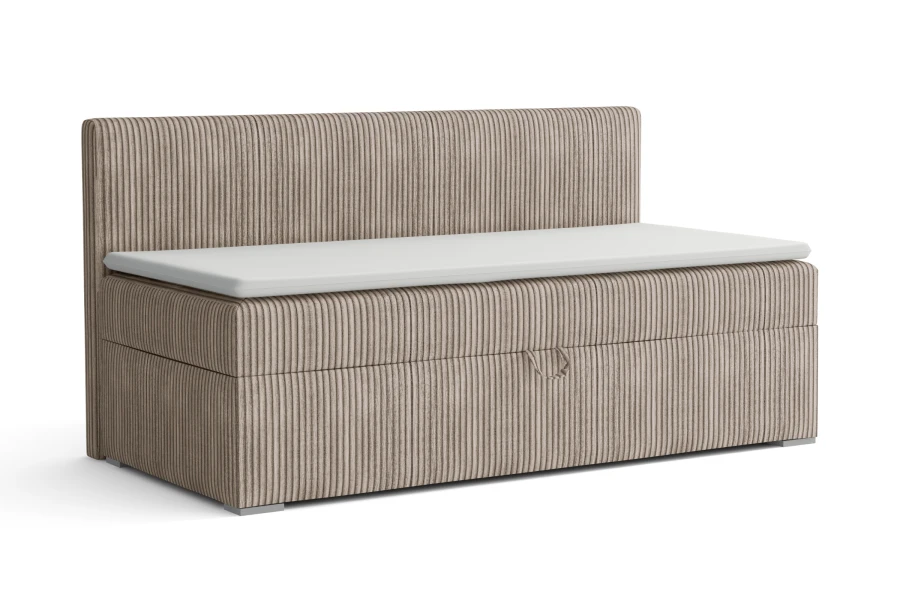 Gepolsterte Sitzbank in Beige mit Cord-Struktur und weißer Auflage.