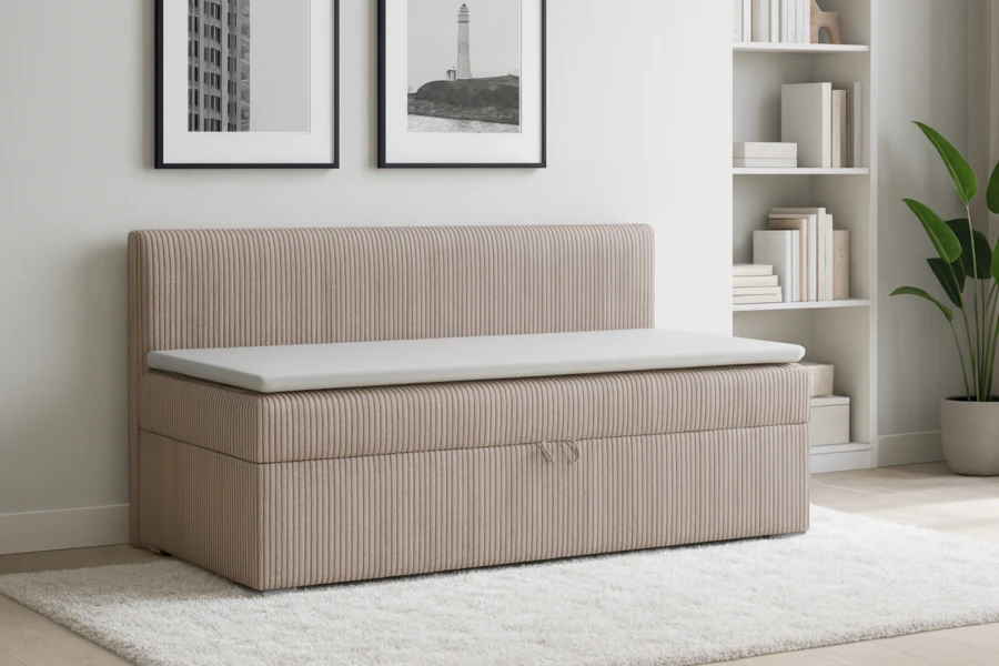 Beige Cord-Sitzbank im modernen Wohnzimmer-Ambiente mit Stauraum.