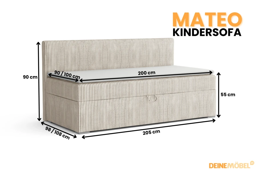 Infografik mit Maßen des Mateo Kindersofas: 205cm x 90cm x 98/108cm