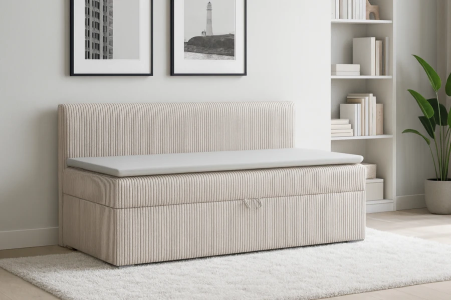 Beiges Mateo Kindersofa aus Kord mit weißer Polsterung in modernem Wohnzimmer.