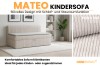 Infografik zum Mateo Kindersofa in Ecru mit Stauraumfunktion und Stoffprobe.