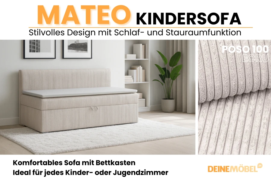 Infografik zum Mateo Kindersofa in Ecru mit Stauraumfunktion und Stoffprobe.