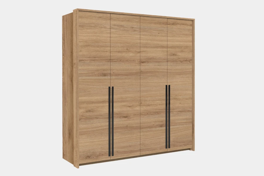 Großer viertüriger Kleiderschrank in Eiche-Optik mit langen schwarzen Griffleisten.