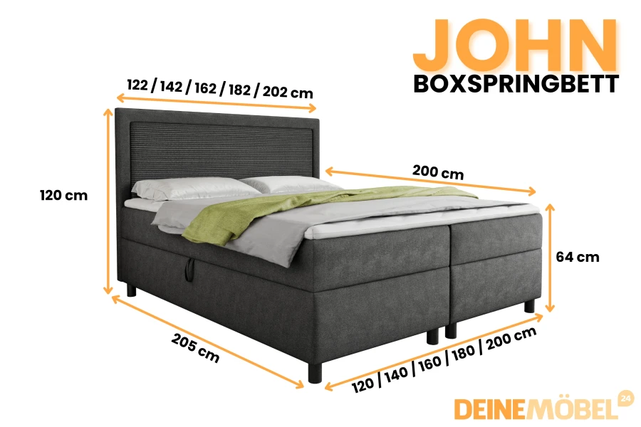 John boxspringbed maten: afmetingen van 120x200 tot 200x200 cm, lighoogte 64 cm, hoofdbord 120 cm.