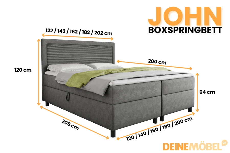 Afmetingen en beschikbare maten van het boxspringbed John in één oogopslag.