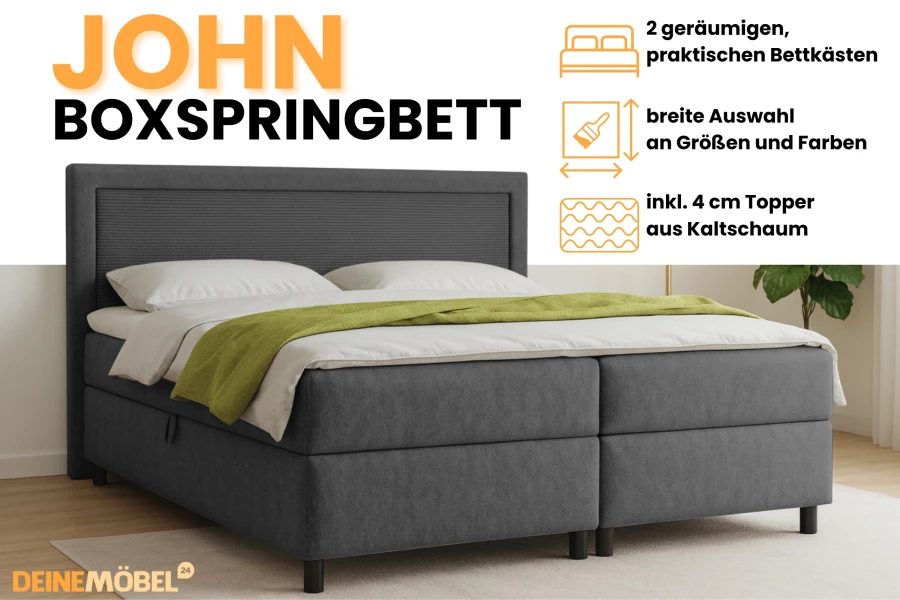 Productkenmerken van het boxspringbed John: Inclusief opbergruimtes, topper en kleurkeuze.