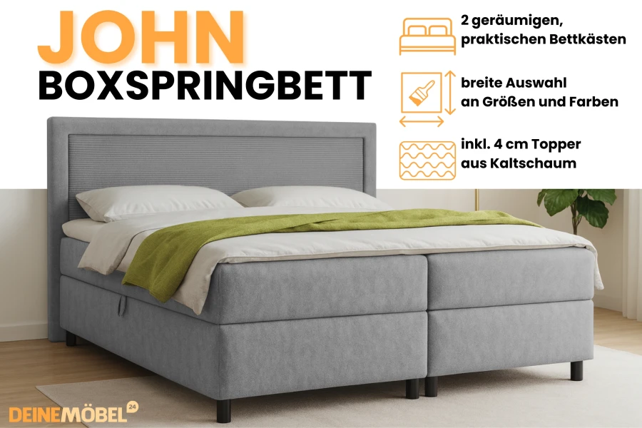 Lichtgrijs boxspringbed John met praktische opbergruimte en 4 cm koudschuim topper.