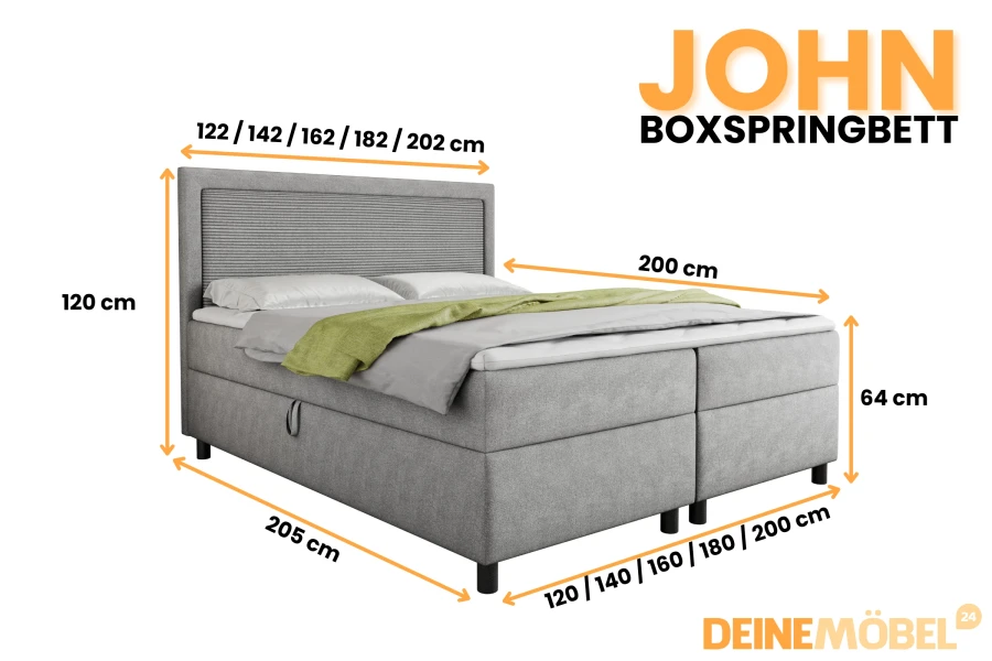 Afmetingen voor boxspringbed John: Verschillende breedtes en 64 cm instaphoogte in een oogopslag.