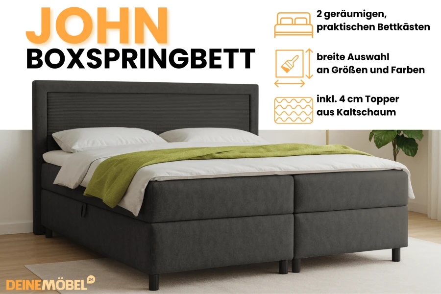 Productkenmerken boxspringbed John: met opbergruimtes, koudschuim topper en kleurkeuze.