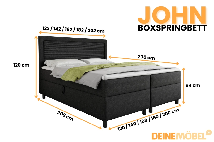 Afmetingen voor boxspringbed John: verschillende breedtes, 200cm lengte and 64cm lighoogte.