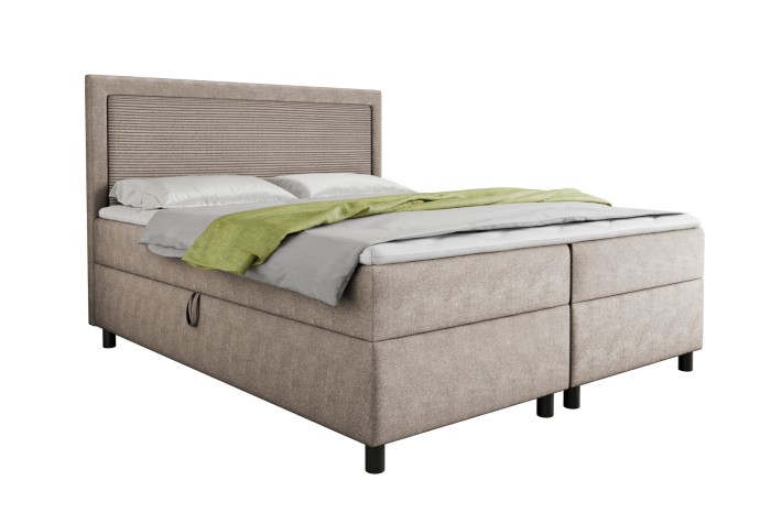 Boxspringbett John in Beige mit Bettkasten und hohem Kopfteil, freigestellt auf Weiß.
