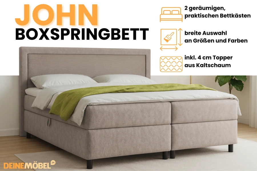 Boxspringbett John Highlights: 2 Bettkästen, 4cm Kaltschaum-Topper und Farbauswahl.