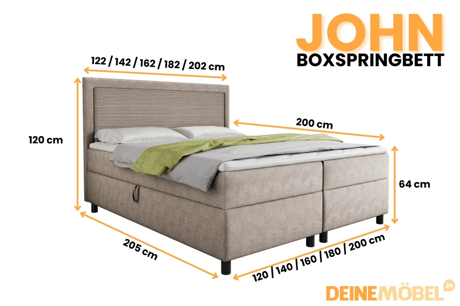 Detaillierte Maße und Größenoptionen für das Boxspringbett John