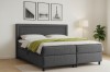 Stilvolles Schlafzimmer mit grauem Boxspringbett, Wandbildern und Zimmerpflanze.