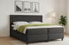 Modernes Boxspringbett in Anthrazit mit grüner Tagesdecke im hellen Schlafzimmer.