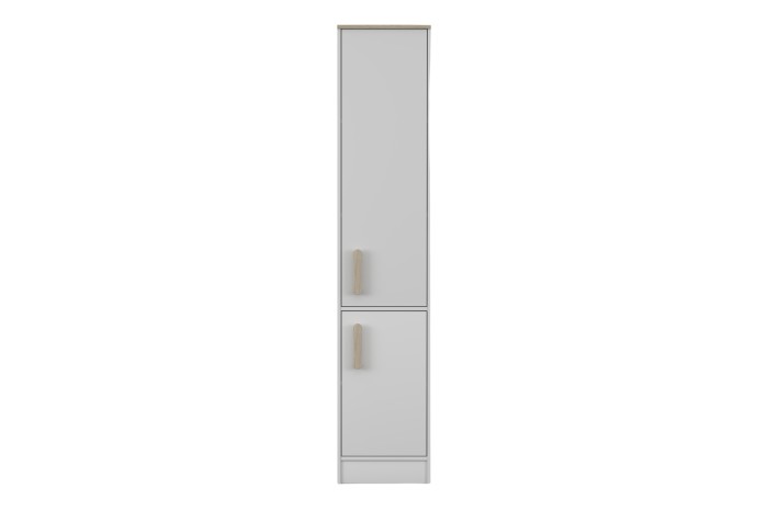 Schmaler weißer Hochschrank mit zwei Türen und hellen Holzgriffen, Frontansicht.