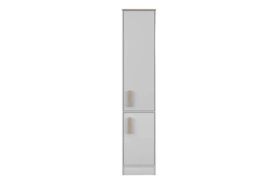 Moderner weißer Hochschrank mit zwei Türen und Holzgriffen, Frontansicht.
