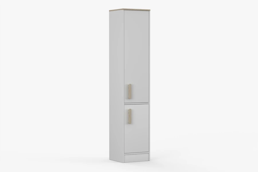 Hoher weißer Mehrzweckschrank mit Holzgriffen in Seitenansicht.
