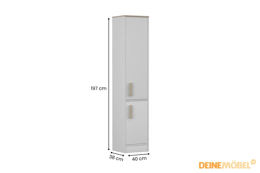 Moderner grauer Hochschrank mit Eiche-Griffen, Maße 197x40x38 cm.