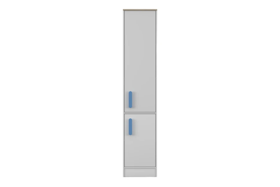 Schmaler grauer Schrank mit blauen Griffen, zweitürig.