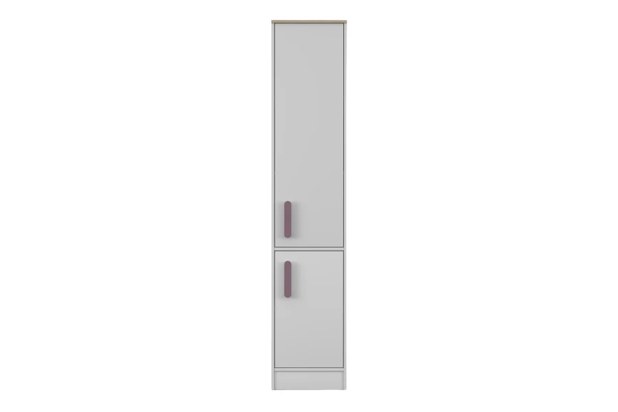 Hochschrank in Grau mit lila Griffen für Kinderzimmer oder Büro.