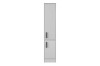 Grauer Hochschrank mit anthrazitfarbenen Griffen, minimalistisches Design.