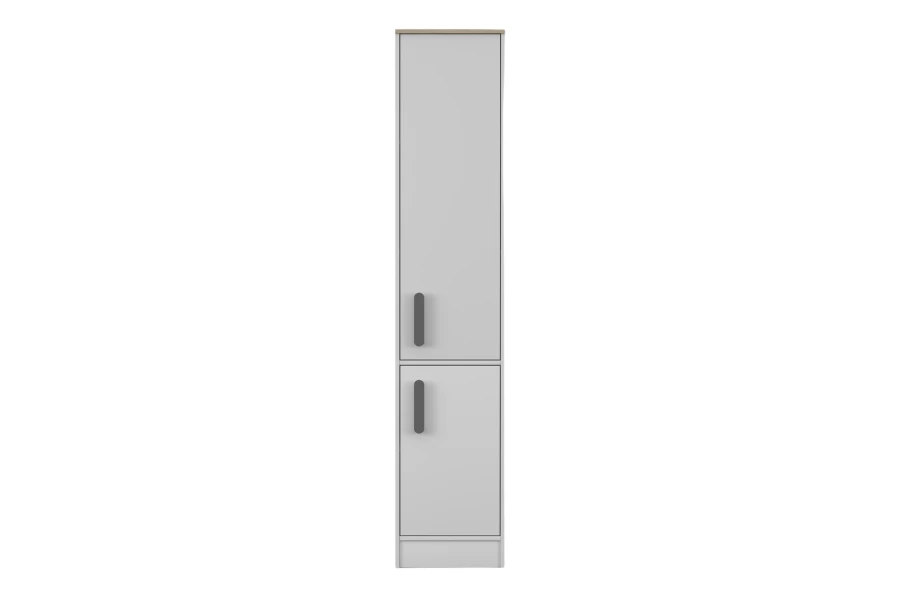 Grauer Hochschrank mit anthrazitfarbenen Griffen, minimalistisches Design.