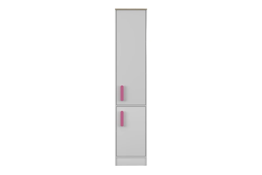 Hoher Aufbewahrungsschrank in Grau mit rosa Griffen.