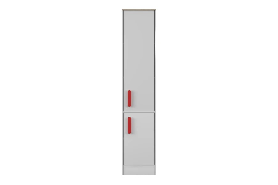 Weißer Hochschrank mit roten Griffen, schlankes Design für schmale Räume.
