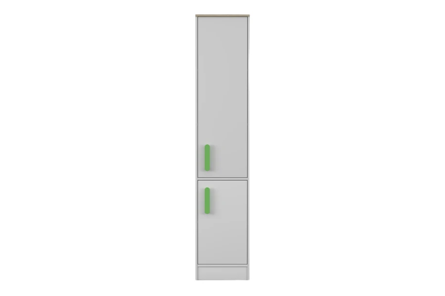 Schmaler weißer Schrank mit grünen Griffen, ideal für Kinderzimmer.
