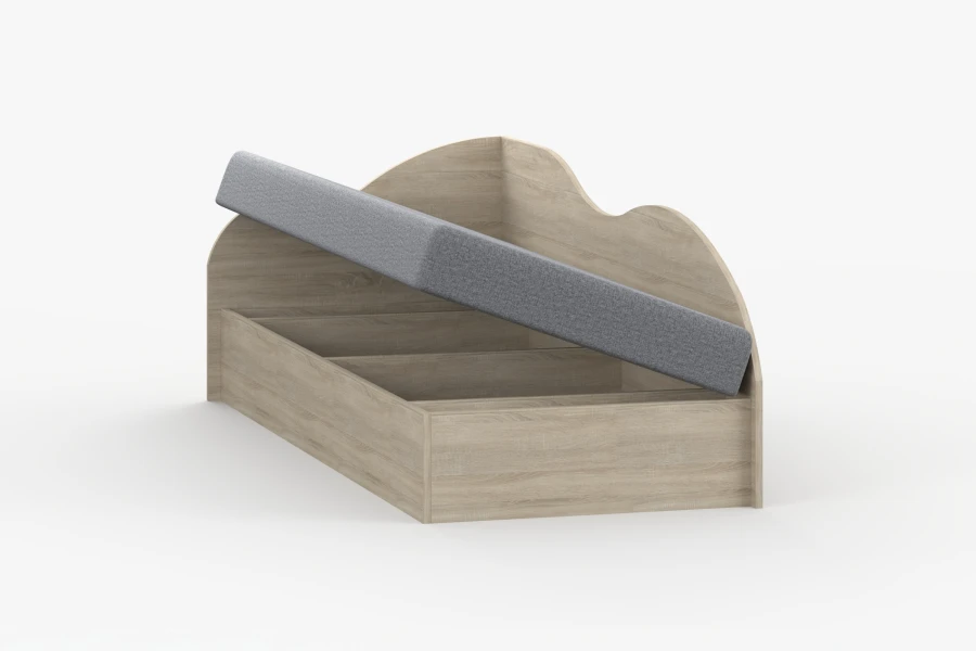 Funktionsbett mit aufklappbarer Matratze und integriertem Bettkasten für Stauraum.