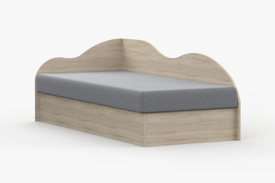 Stilvolles Jugendbett mit Holzelementen und grauer Polsterung auf weißem Hintergrund.