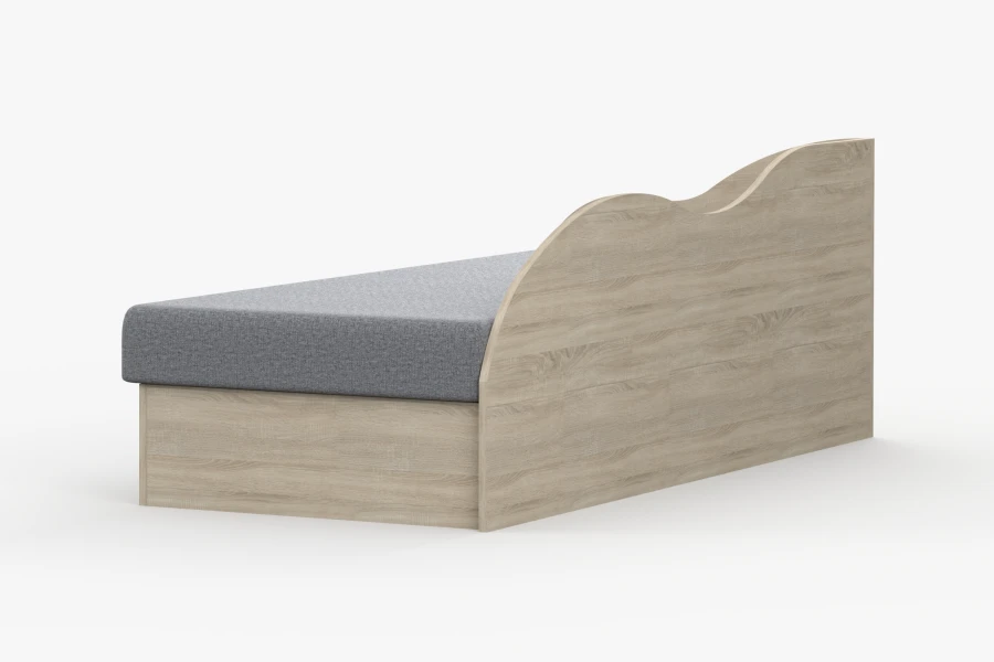 Hinteransicht der wellenförmigen Bettumrandung eines modernen Kinderbettes aus Holz.