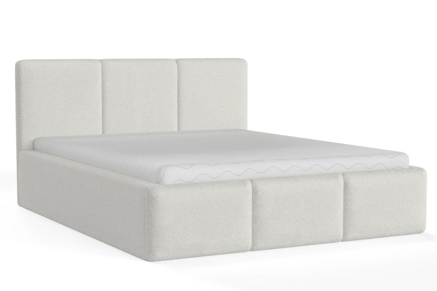 Elegantes weißes Bouclé-Bett mit dreiteiligem gepolstertem Kopfteil und Rahmen