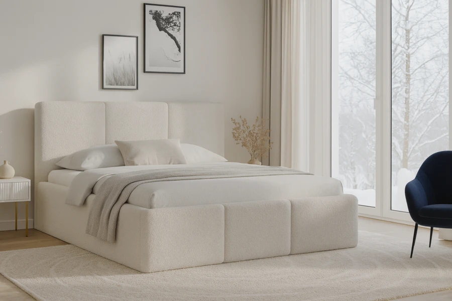 Helles Schlafzimmer-Ambiente mit dem gemütlichen Polsterbett Foxy in Ecru.