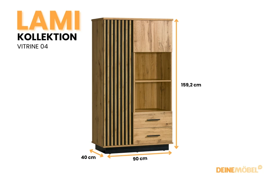 Abmessungen der Vitrine 04 aus der Lami Kollektion: 90 cm Breite, 159,2 cm Höhe und 40 cm Tiefe.