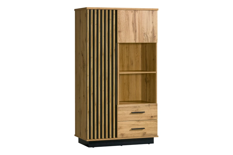 Moderne Vitrine 04 der Lami Kollektion in Eiche-Optik mit zwei Schubladen und stylischen schwarzen Lamellen.
