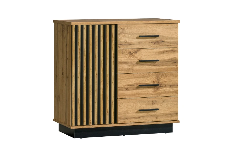 Kommode Lami 05 in Artisan Eiche mit vier Schubladen und schwarzen Design-Lamellen.