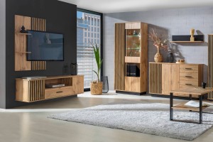 TV-Board LAMI 07 155 cm in Wotan Eiche/Schwarz Matt/Lamellen Deine Moebel