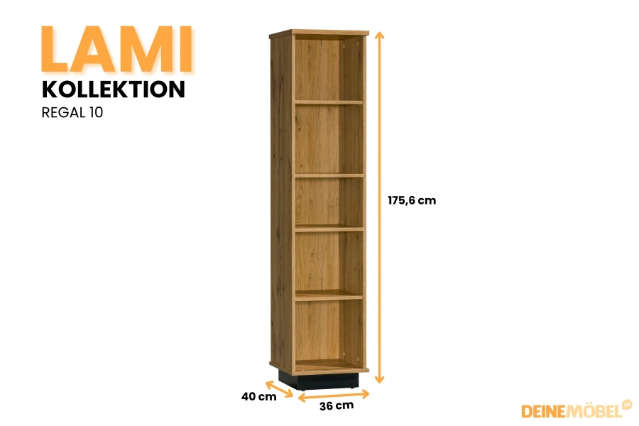 Maße für Regal 10 der Lami Kollektion: 175,6 cm Höhe, 36 cm Breite und 40 cm Tiefe in Eiche-Optik.