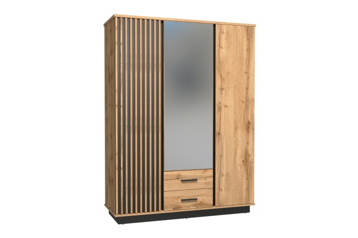 Kleiderschrank der Lami Kollektion in Eiche-Optik mit Spiegel, Schubladen und dekorativen Lamellen.