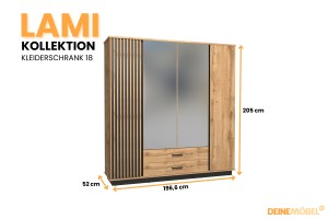 LAMI 18 Kleiderschrank mit Lamellen, Spiegel & 2 Schubladen, Wotan Eiche/Schwarz Matt Deine Moebel