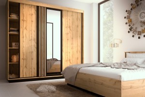 LAMI 19 Schwebetürenschrank 240 cm, mit Spiegel  Wotan Eiche/Schwarz Matt Deine Moebel